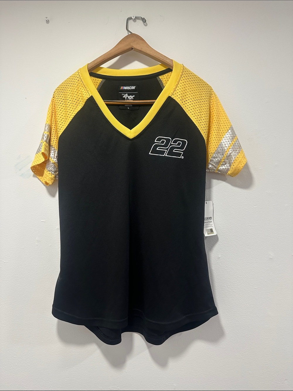 Nascar Women's Black & Yellow V-Neck Jersey with '22' Graphic- Joey Logano 011